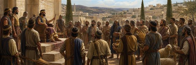 David receiving reports from military divisions, tribal leaders, farmers, and royal stewards